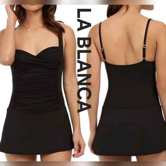 La Blanca Skirted One Piece Ruched Black Swimsuit Sz 14 - Picture 1 of 6